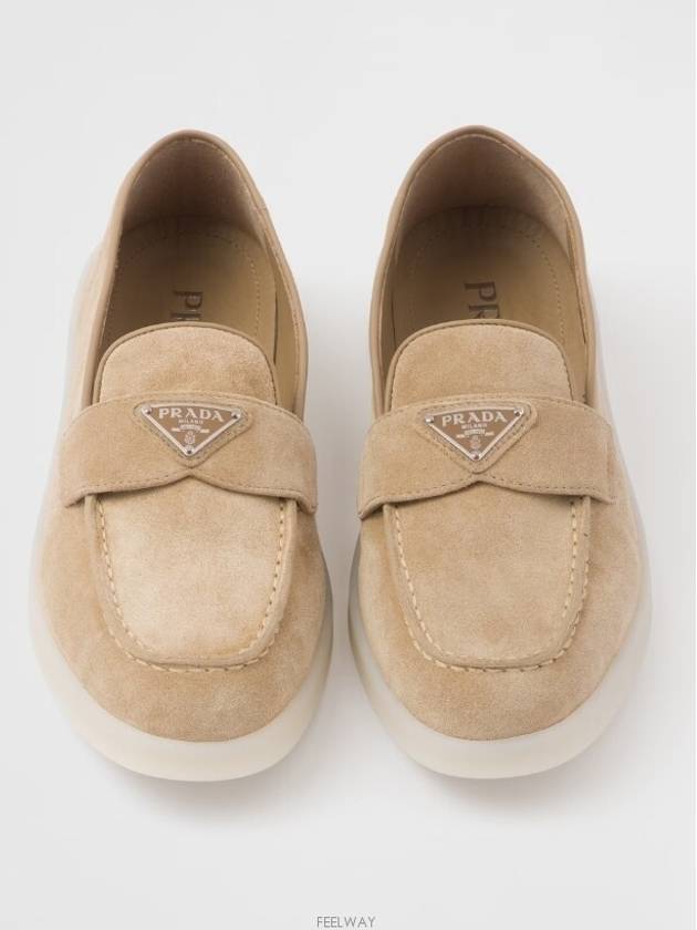 Triangle Logo Suede Leather Loafers Beige - PRADA - BALAAN 4