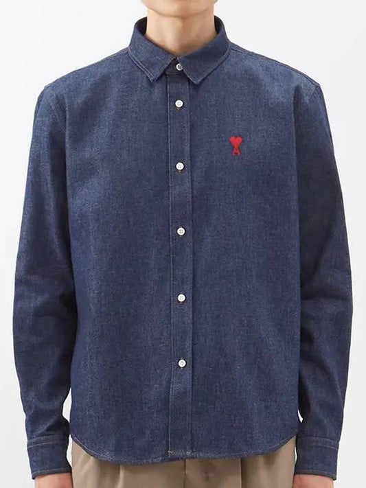 Men's Heart Logo Mid Wash Denim Long Sleeve Shirt Blue - AMI - BALAAN 2