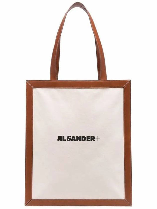 Women's Plus Logo Leather Canvas Tote Bag Beige - JIL SANDER - BALAAN 2