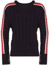 Men's Three Stripes Merino Wool Cable Knit Navy - THOM BROWNE - BALAAN.