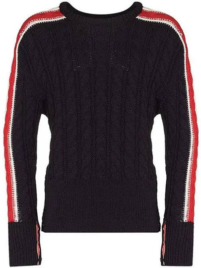 Men's Three Stripes Merino Wool Cable Knit Top Navy - THOM BROWNE - BALAAN 2