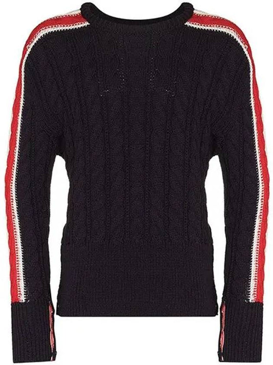 Men's Three Stripes Merino Wool Cable Knit Navy - THOM BROWNE - BALAAN.