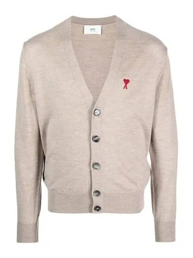 Red Heart Logo Merino Wool Cardigan Beige - AMI - BALAAN 3