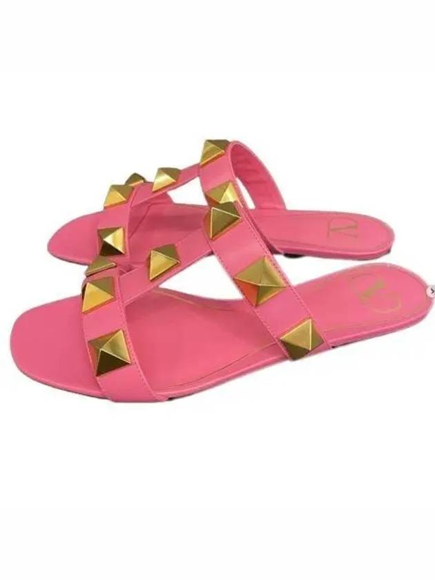 Women's Leather Roman Studded Flat Slippers Pink - VALENTINO - BALAAN 4