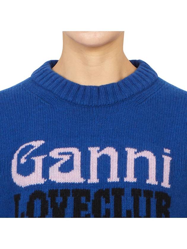 Logo Intarsia Crew Neck Knit Top Blue - GANNI - BALAAN 7