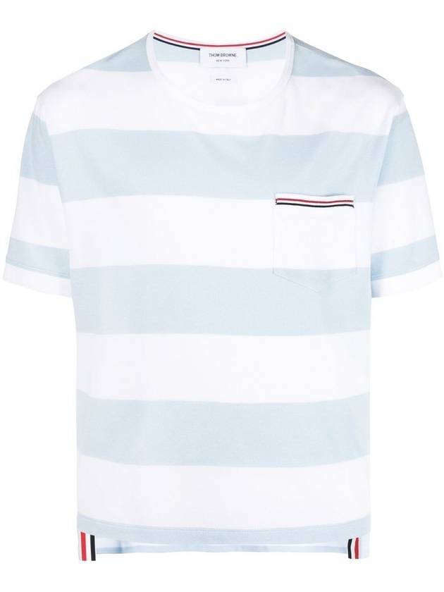 Men's Rugby Striped Pick Pocket Short Sleeve T-Shirt Light Blue White - THOM BROWNE - BALAAN 1