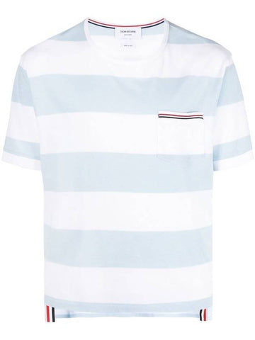 Men's Rugby Striped Pick Pocket Short Sleeve T-Shirt Light Blue White - THOM BROWNE - BALAAN 1