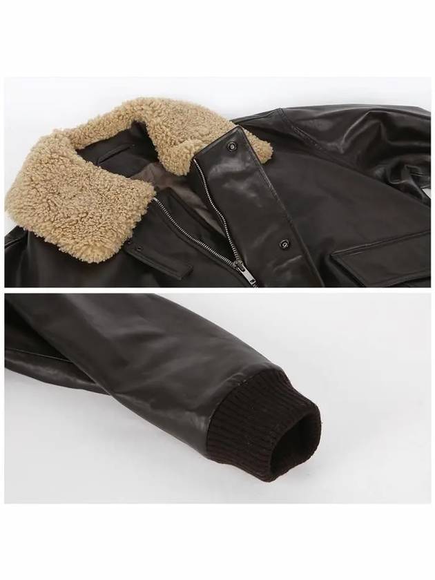 Women's Shearling Collar Leather Jacket Dark Chocolate - LEMAIRE - BALAAN 7