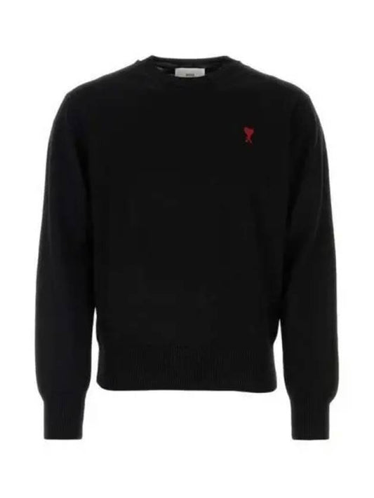 Heart Logo Embroidered Crew Neck Knit Top Black - AMI - BALAAN 2