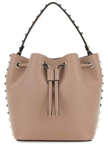 Rockstud Logo Leather Bucket Bag Beige - VALENTINO - BALAAN 1