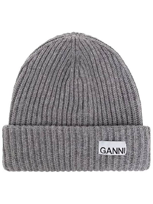 Logo Patch Knit Beanie Grey - GANNI - BALAAN 2