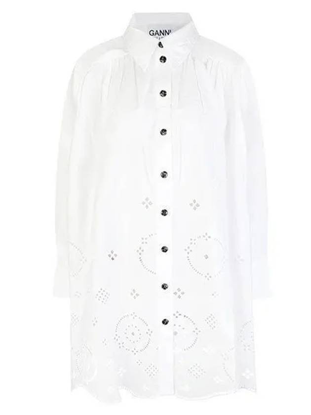 Poplin Punching Detail Shirt Long Sleeve Short Dress White - GANNI - BALAAN 2