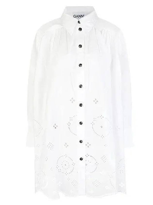 Poplin Punching Detail Shirt Long Sleeve Short Dress White - GANNI - BALAAN 2