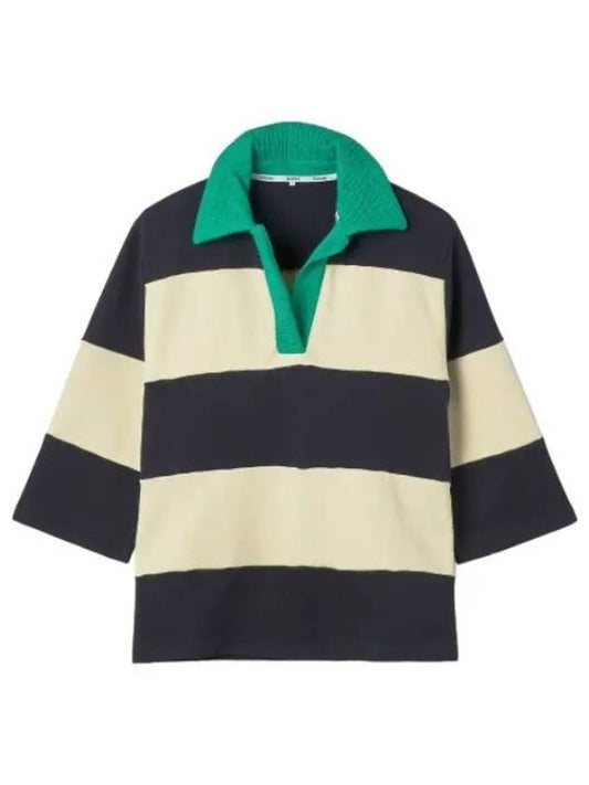 Big collar striped t shirt dark blue beige green long sleeve - SUNNEI - BALAAN 1