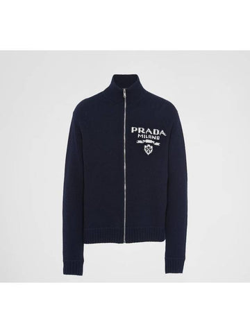 Men's Logo Zip-up Wool Cashmere Cardigan Navy - PRADA - BALAAN 1