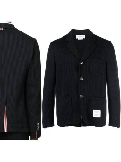 Men's 4 Bar Seesucker Loopback 4 Bar Sack Cardigan Navy - THOM BROWNE - BALAAN 2