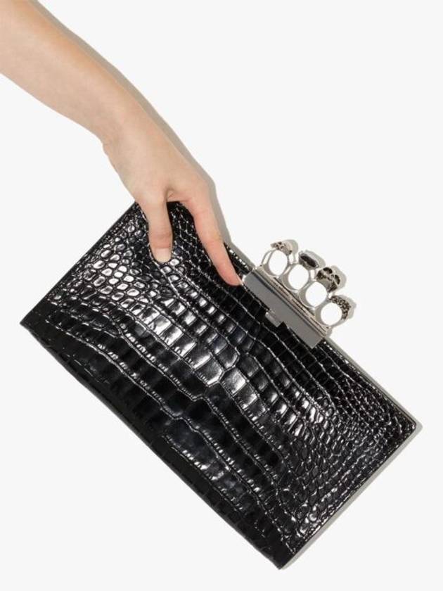 Silver Skull Four Ring Crocodile Leather Clutch Bag Black - ALEXANDER MCQUEEN - BALAAN 6