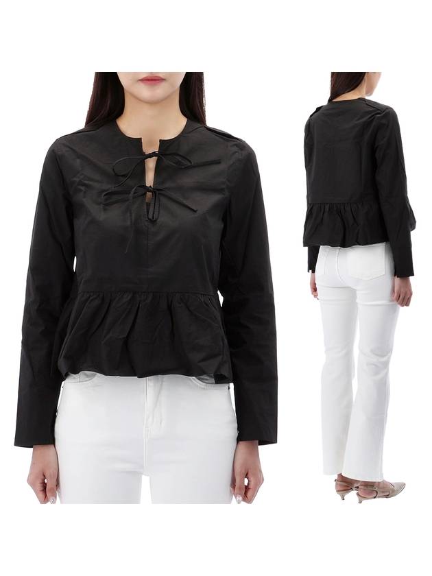 Cotton Poplin Tie String Peplum Blouse Black - GANNI - BALAAN 1