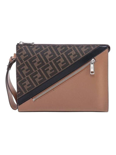 FF Motif Flat Leather Clutch Bag Brown - FENDI - BALAAN 1