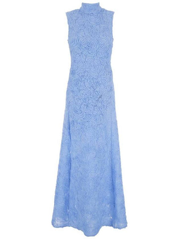 Light Blue Long Crewneck Sleeveless Dress With All-Over Floral Motif In Tech Fabric Woman - ROTATE - BALAAN 1