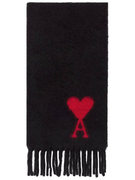 Heart Logo Oversized Wool Fringe Scarf Black - AMI - BALAAN 2