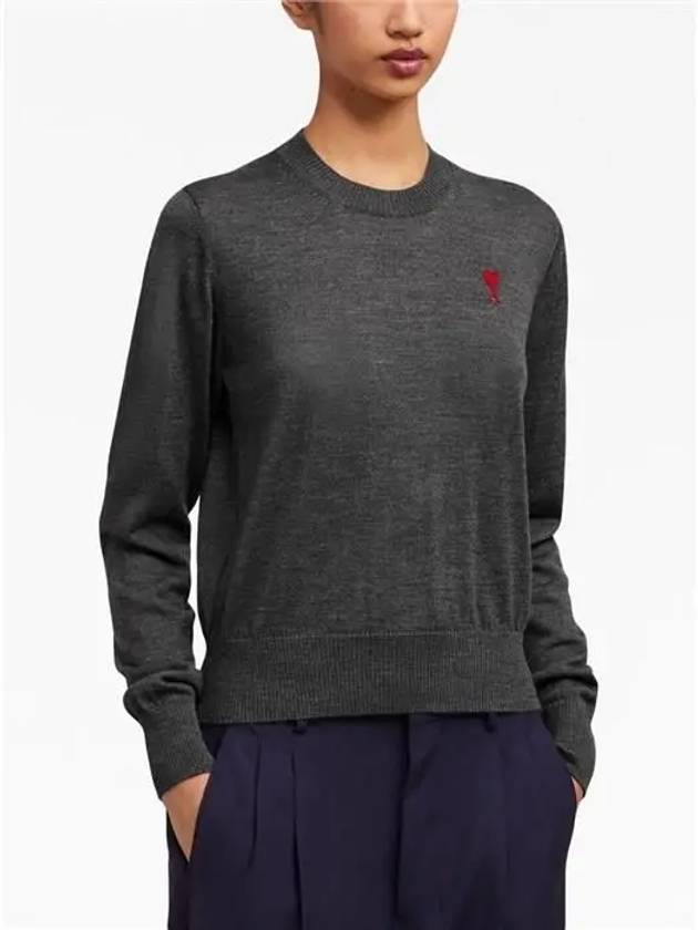 Heart Logo Crew Neck Merino Wool Knit Top Grey - AMI - BALAAN 10