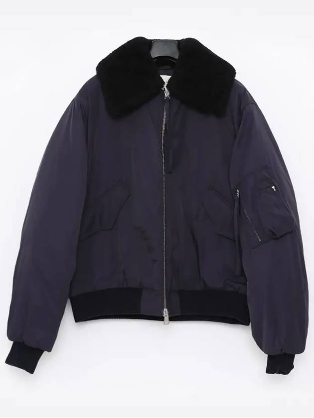 Boxy Shearling Collar Bomber Jacket Blue - AMI - BALAAN 3