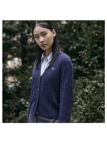 Women s Cable V neck Cardigan Navy - LACOSTE - BALAAN 1