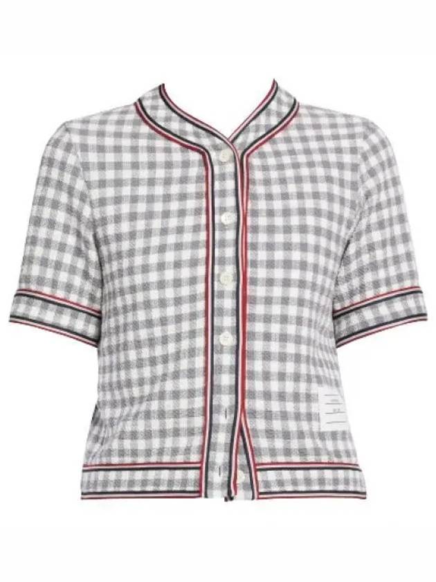 Women's Gingham Stripe Trimmed Short Sleeve Cardigan Medium Grey - THOM BROWNE - BALAAN 2