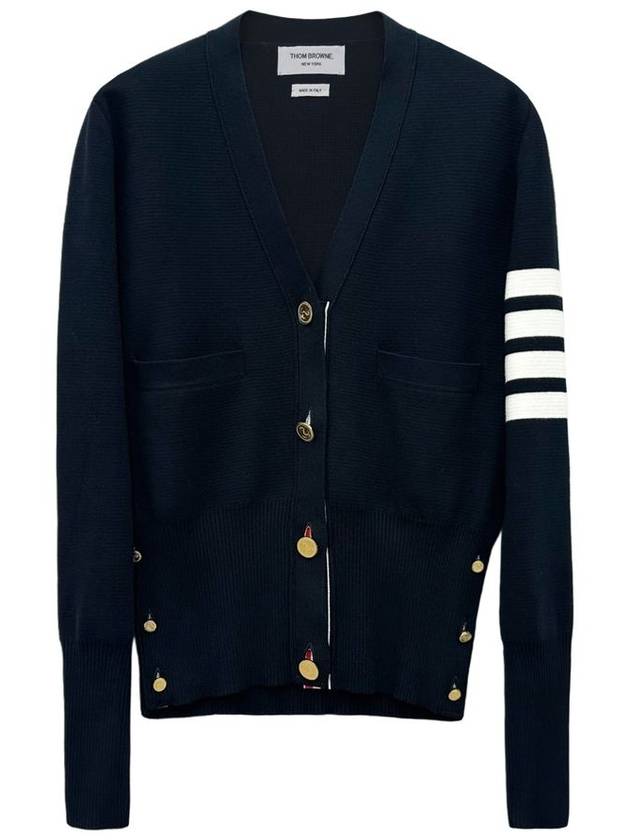 Milano Stitch 4 Bar Classic V Neck Fine Merino Wool Cardigan Navy - THOM BROWNE - BALAAN 2