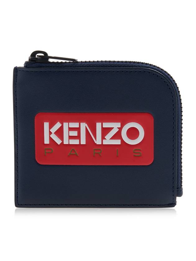 Logo Zipper Calf Leather Card Wallet Navy - KENZO - BALAAN 1