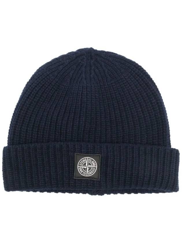 Logo Patch Rib Wool Beanie Navy - STONE ISLAND - BALAAN 1