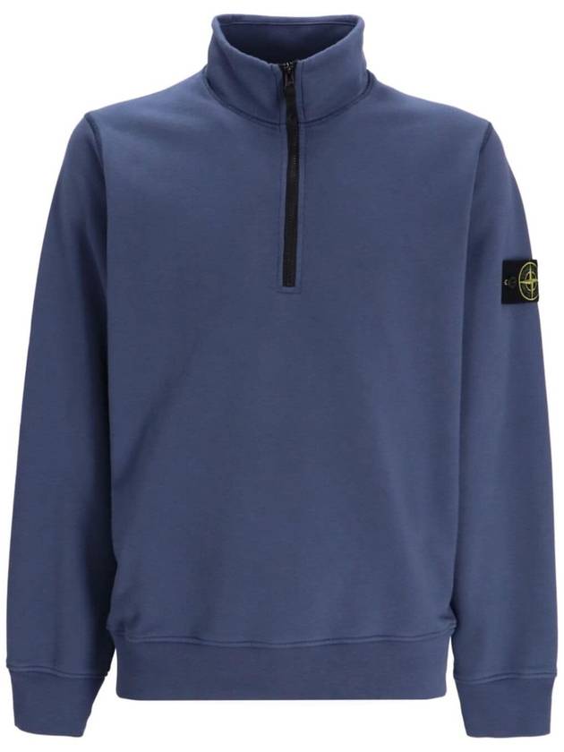 Logo Badge Half Zipper Cotton Fleece Knit Top Avio Blue - STONE ISLAND - BALAAN 2