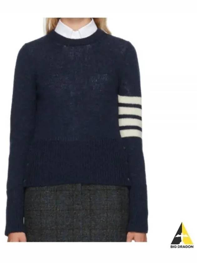 Women's Shetland Wool Jersey Classic Crew Neck 4 Bar Knit Top Navy - THOM BROWNE - BALAAN 2