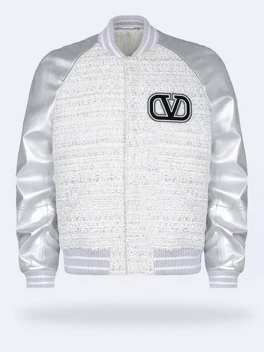 V Logo Tweed Bomber Jacket Silver - VALENTINO - BALAAN 2