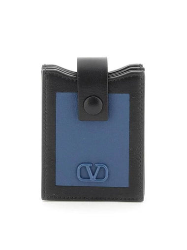 V Logo Signature Leather Card Wallet Black Navy - VALENTINO - BALAAN 1