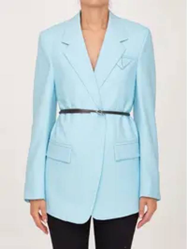 Belted Wool Blazer Jacket Light Blue - BOTTEGA VENETA - BALAAN 8