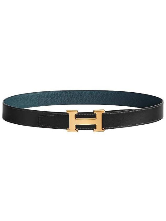 H Gold Buckle Reversible Strap 32mm Leather Belt Noir Blue - HERMES - BALAAN 1