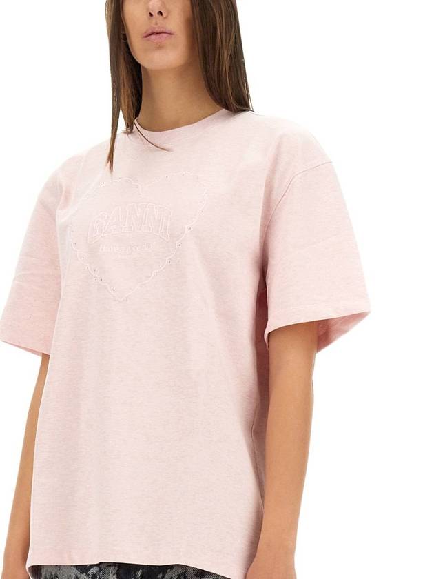 Drop Shoulder Heart Embroidery Short Sleeved T-Shirt Chalk Pink - GANNI - BALAAN 5