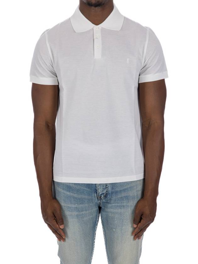 Men's Monogram Cotton Short Sleeve Polo Shirt White - SAINT LAURENT - BALAAN 3