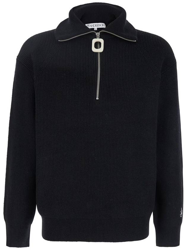 Black High Neck Sweater With Front Zip Closure And Logo Embroidery In Wool Man - JW ANDERSON - BALAAN 1