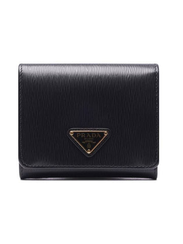 Triangle Logo Vitello Move Tri Fold Leather Half Wallet Black - PRADA - BALAAN 1