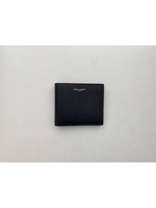 Classic Logo Textured Leather Half Wallet Black - SAINT LAURENT - BALAAN 2