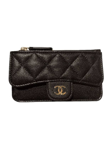 Women's Gold Classic Zipper Grained Shiny Calfskin Card Wallet Black - CHANEL - BALAAN 1