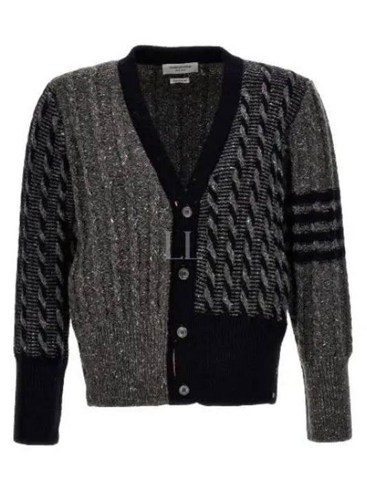 Funmix Donnyroll Cable 4 Bar V-Neck Cardigan Medium Grey - THOM BROWNE - BALAAN 2