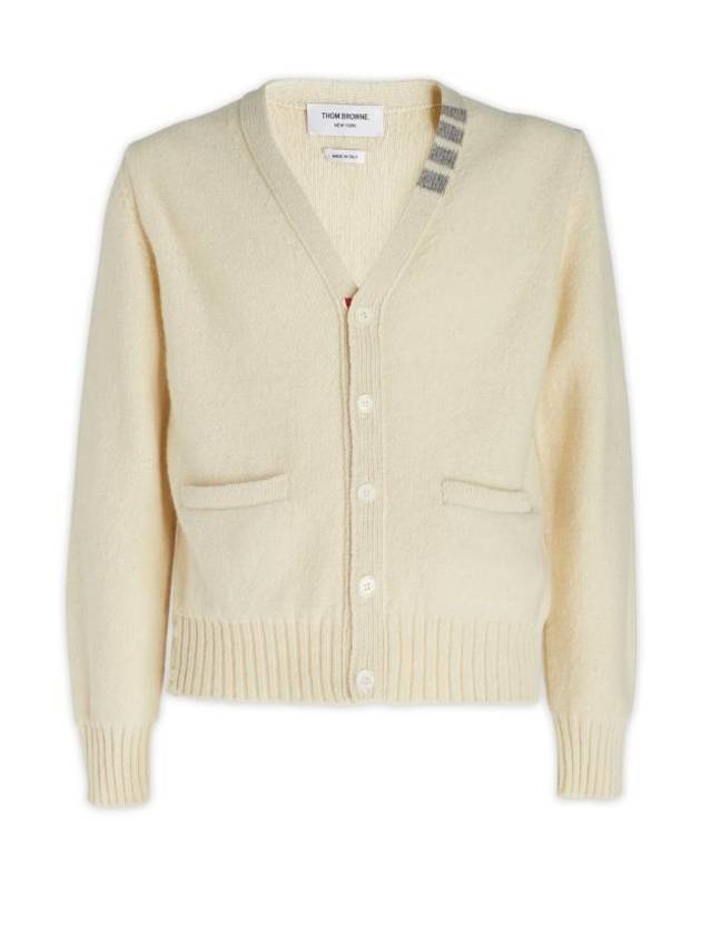 Reverse Jersey Stitch Donegal 4 Bar V Neck Cardigan White - THOM BROWNE - BALAAN 1