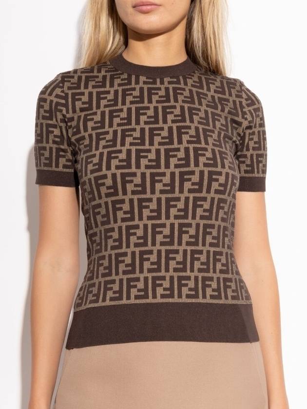 FF Cotton Crew Neck Short-Sleeved Knit Top Brown - FENDI - BALAAN 2