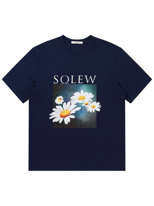 Men's Flower Graphic Short Sleeve T-Shirt Navy - SOLEW - BALAAN 1