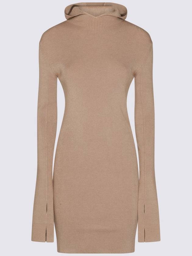 Long Sleeve Hooded Wool Silk Short Dress Beige - FENDI - BALAAN 3