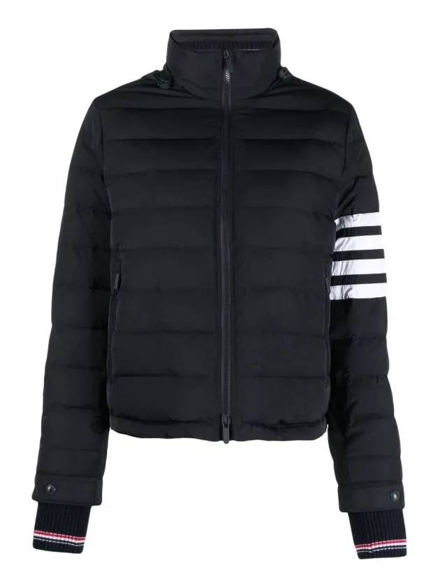 diagonal bar funnel neck hooded down jacket navy - THOM BROWNE - BALAAN.